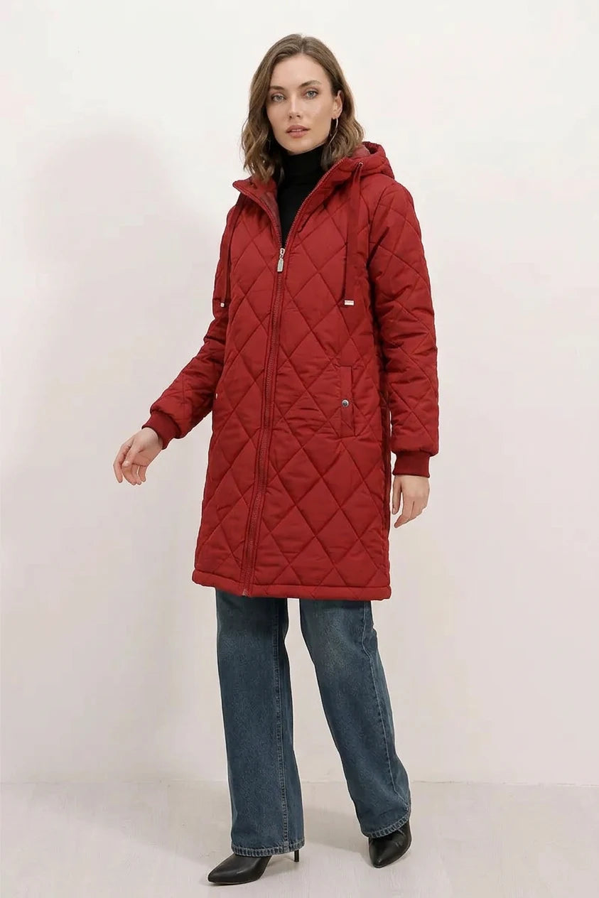 Kadın Kapüşonlu Kapitone Bordo Mont