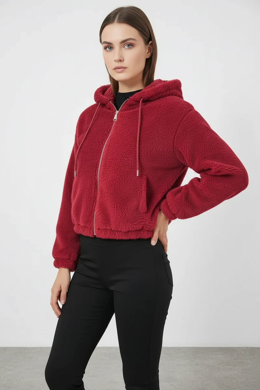 Kadın Kapüşonlu Crop Peluş Bordo Ceket