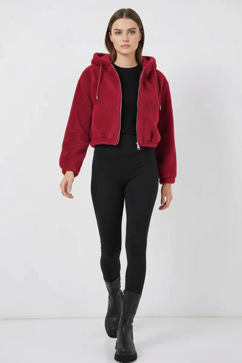 Kadın Kapüşonlu Crop Peluş Bordo Ceket