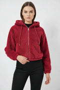 Kadın Kapüşonlu Crop Peluş Bordo Ceket