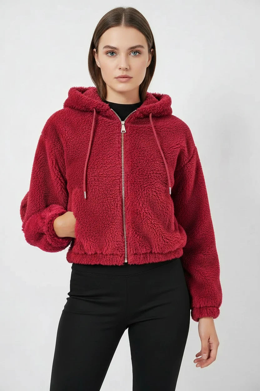 Kadın Kapüşonlu Crop Peluş Bordo Ceket