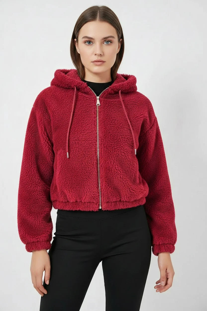 Kadın Kapüşonlu Crop Peluş Bordo Ceket