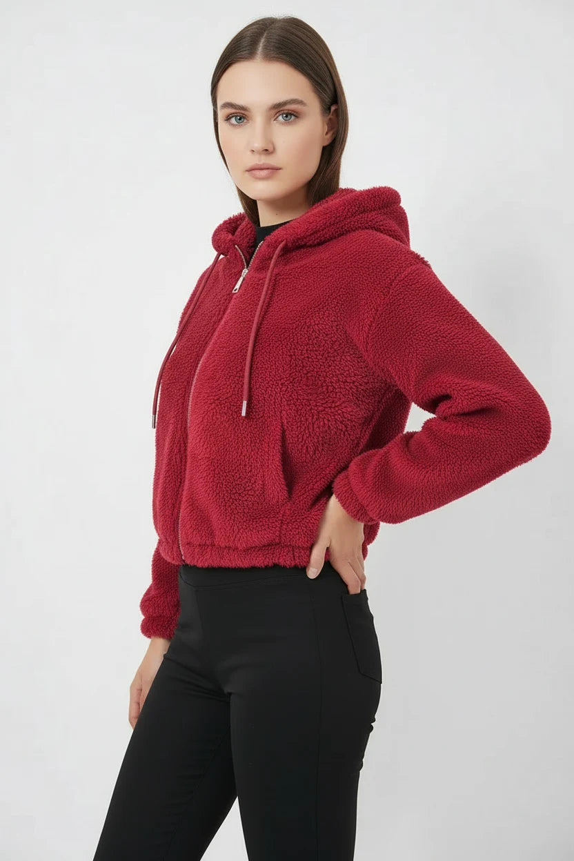 Kadın Kapüşonlu Crop Peluş Bordo Ceket