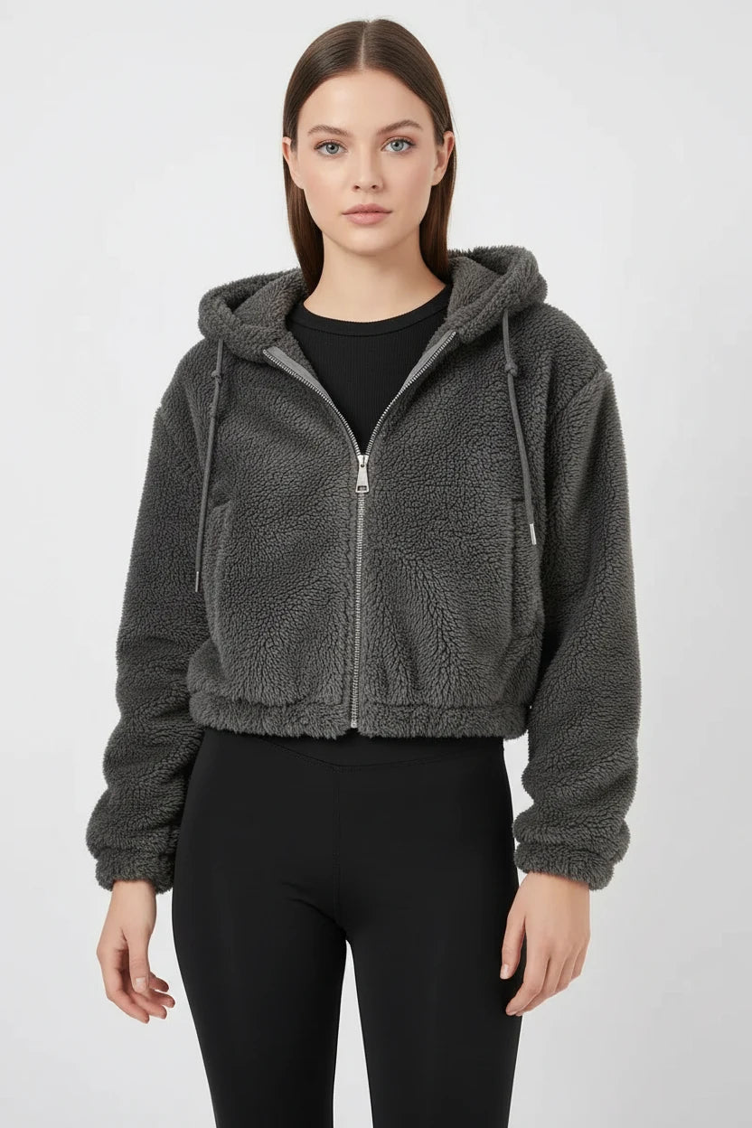 Kadın Kapüşonlu Crop Peluş Antrasit Ceket