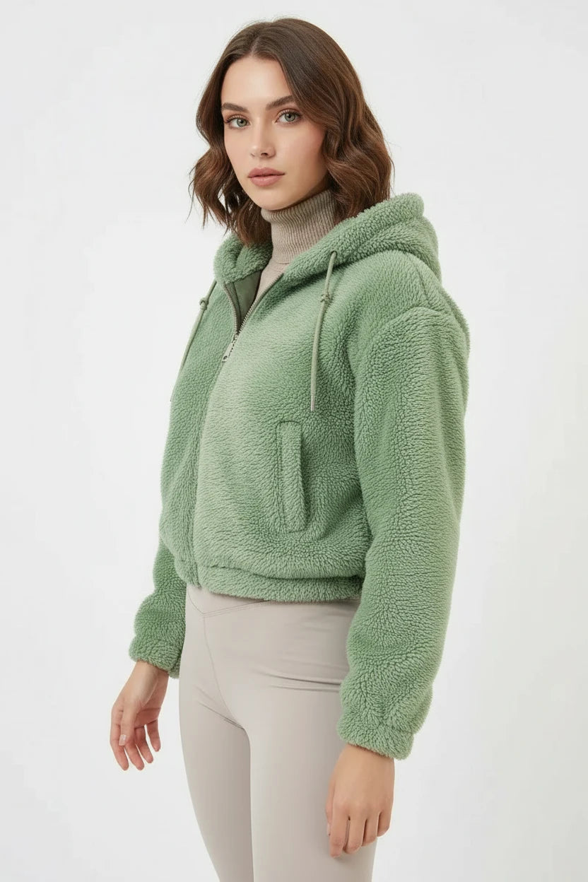 Kadın Kapüşonlu Crop Peluş Çağla Yeşili Ceket