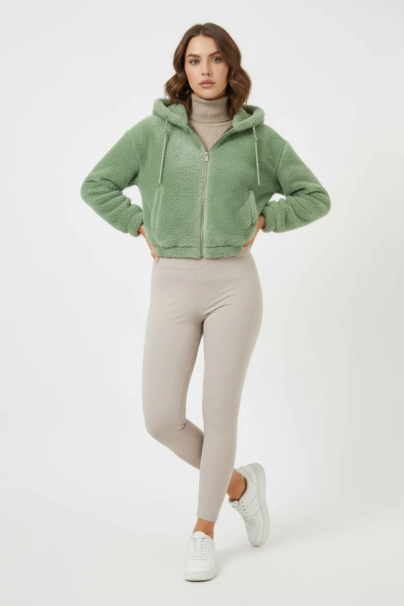 Kadın Kapüşonlu Crop Peluş Çağla Yeşili Ceket