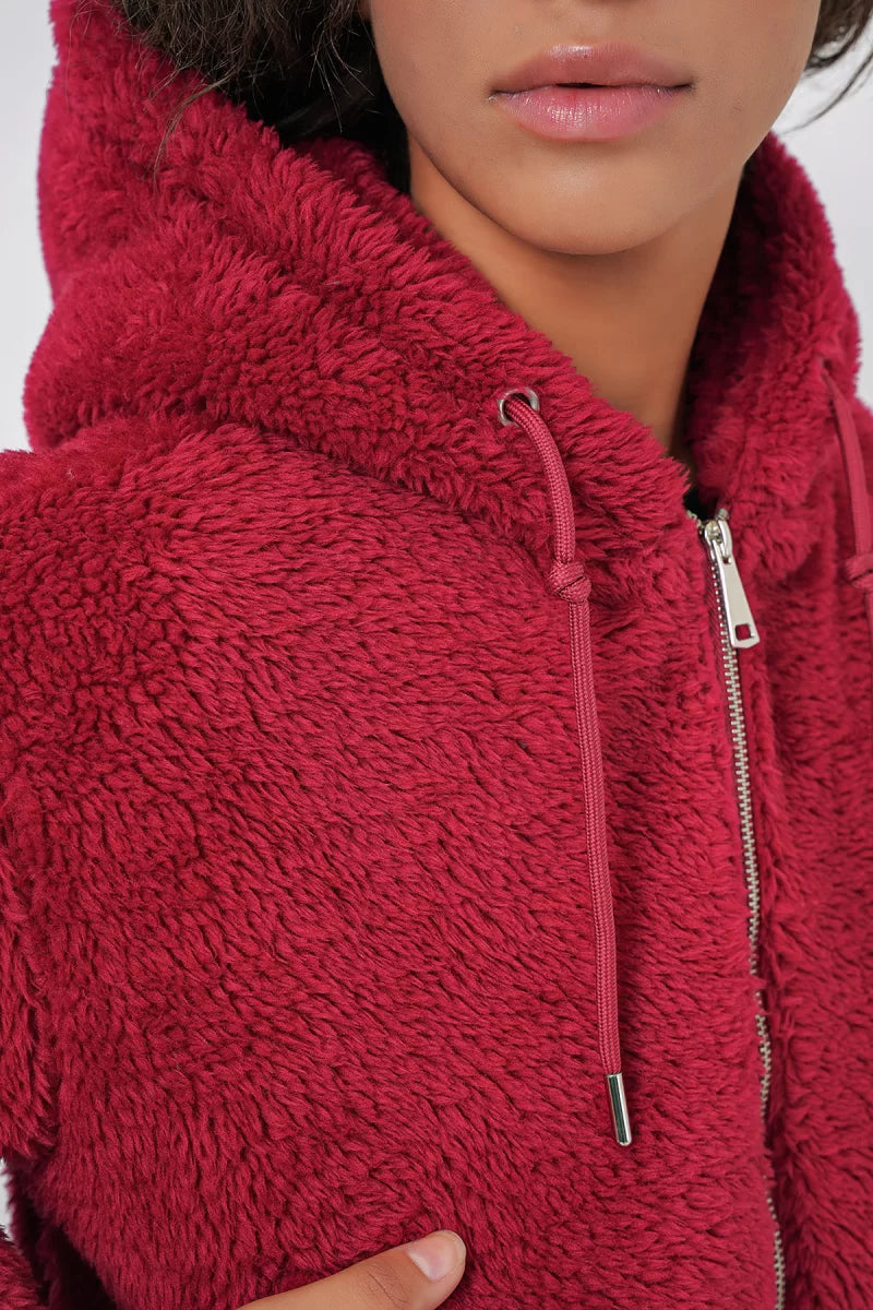 Kadın Kapüşonlu Crop Peluş Bordo Ceket