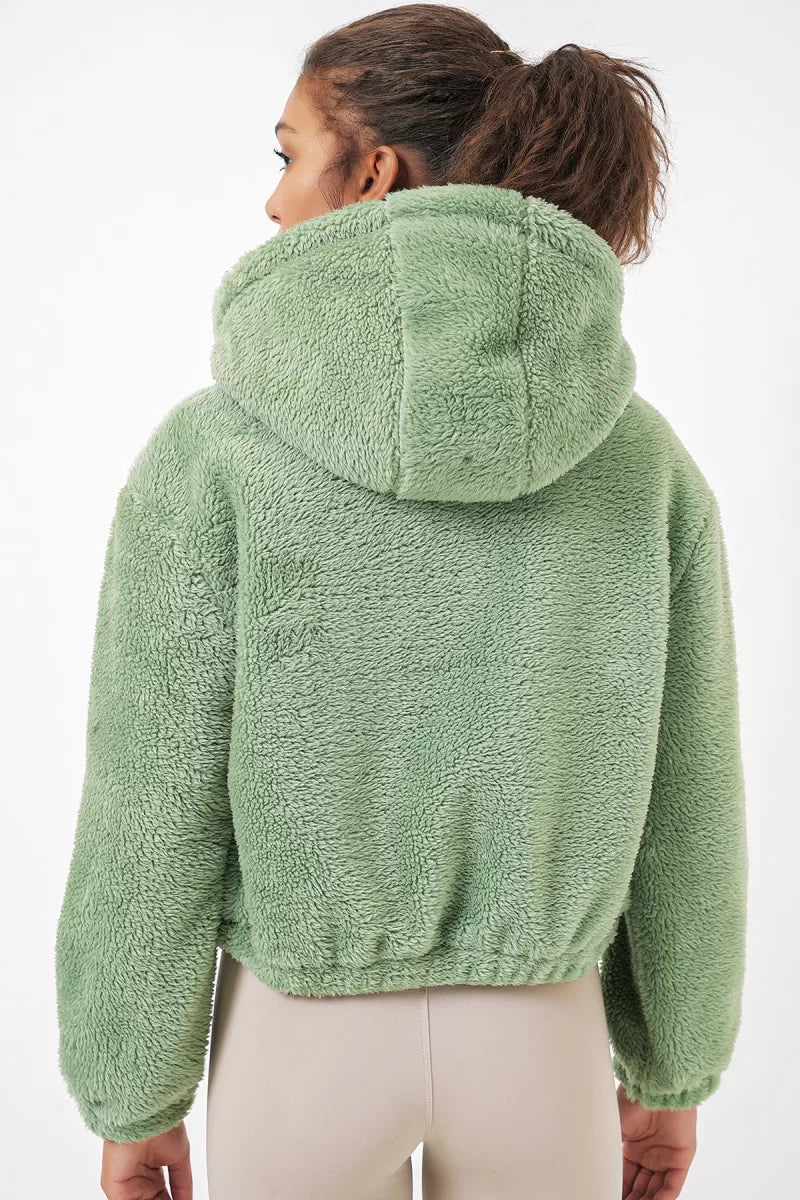 Kadın Kapüşonlu Crop Peluş Çağla Yeşili Ceket