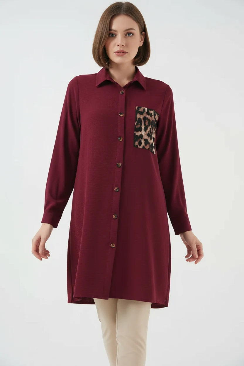 Kadın Gömlek Yaka Leopar Desenli Cep Bordo Tunik