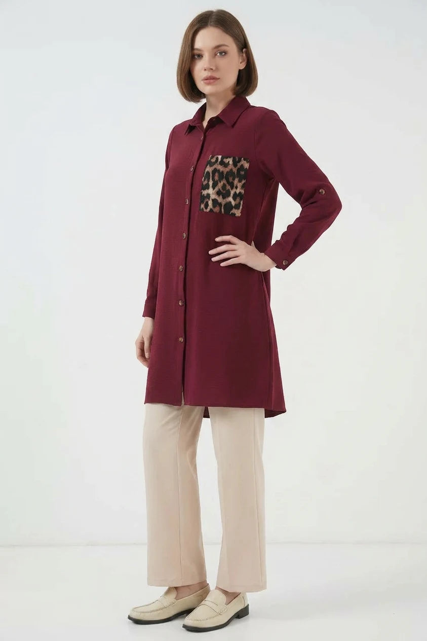 Kadın Gömlek Yaka Leopar Desenli Cep Bordo Tunik