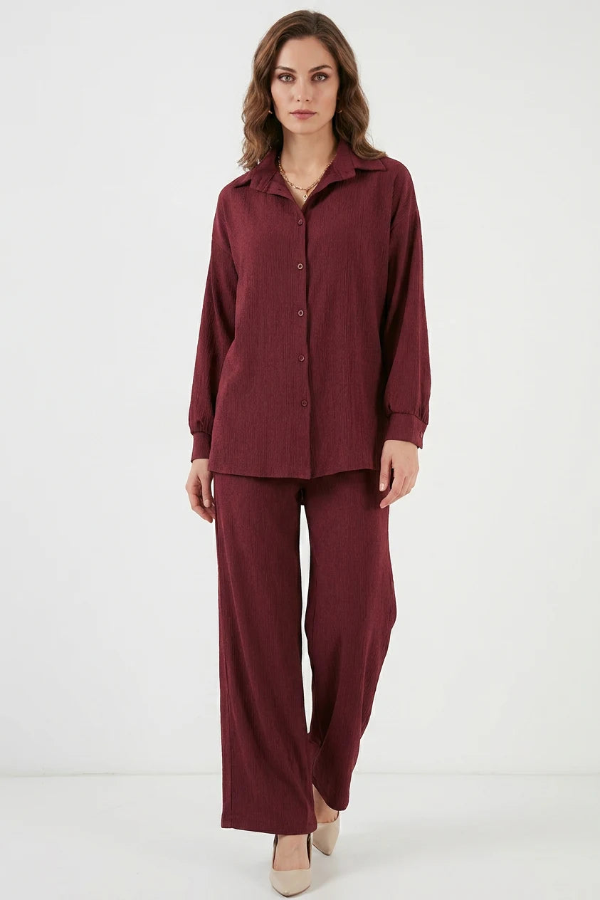 Kadın Gömlek Yaka Düğmeli Oversize Bordo İkili Takım