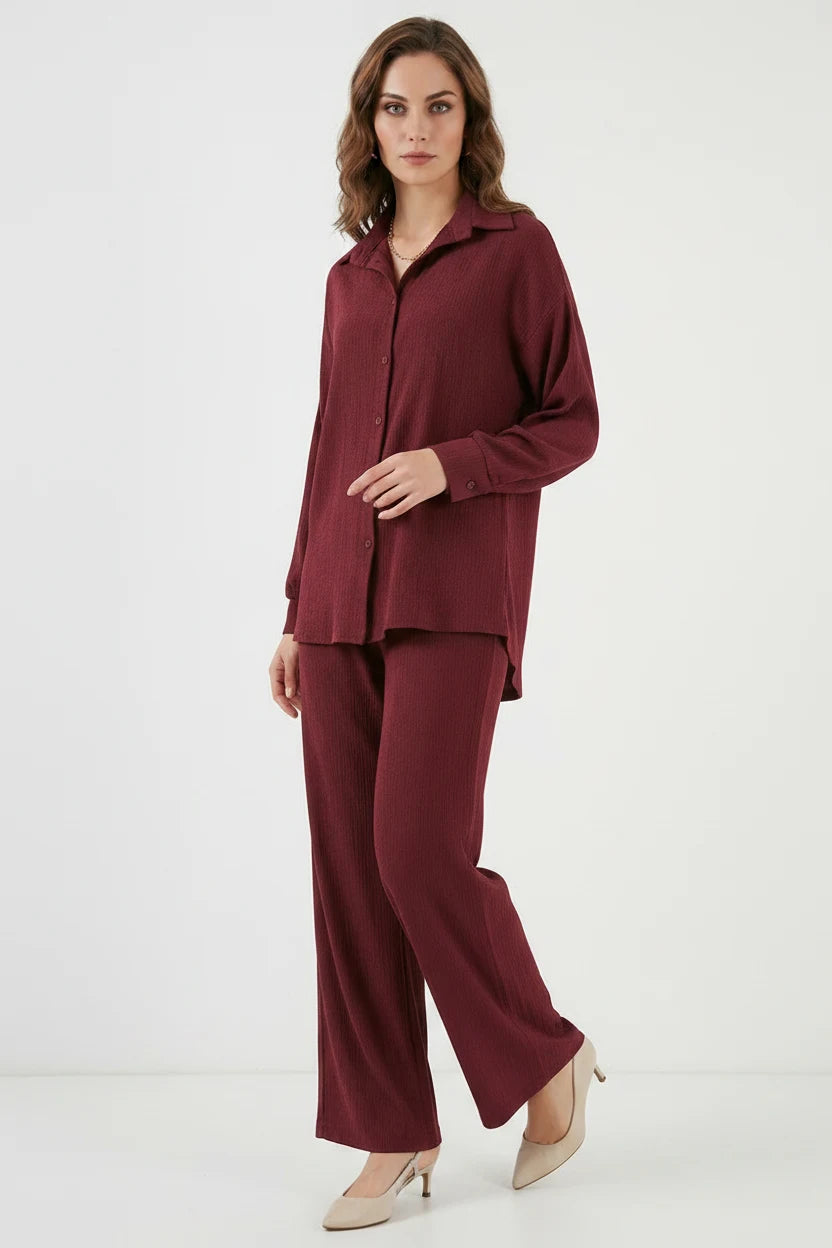 Kadın Gömlek Yaka Düğmeli Oversize Bordo İkili Takım