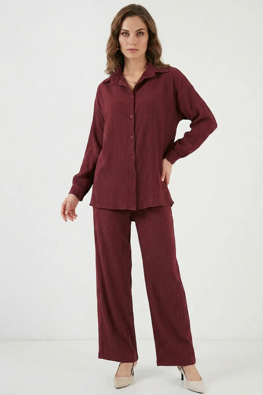 Kadın Gömlek Yaka Düğmeli Oversize Bordo İkili Takım