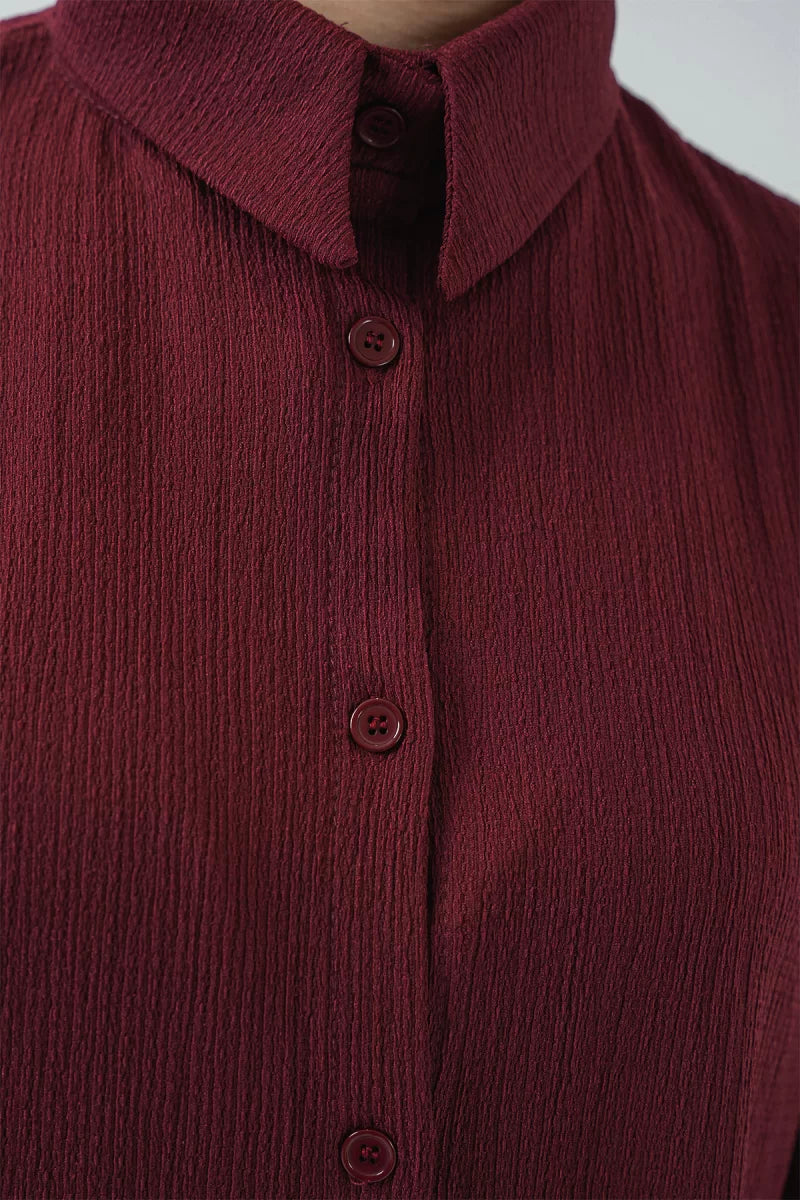Kadın Gömlek Yaka Düğmeli Oversize Bordo İkili Takım