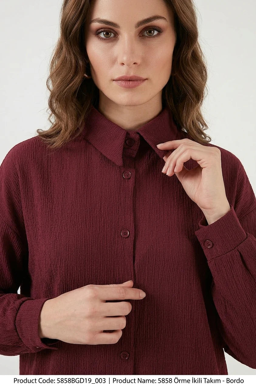 Kadın Gömlek Yaka Düğmeli Oversize Bordo İkili Takım