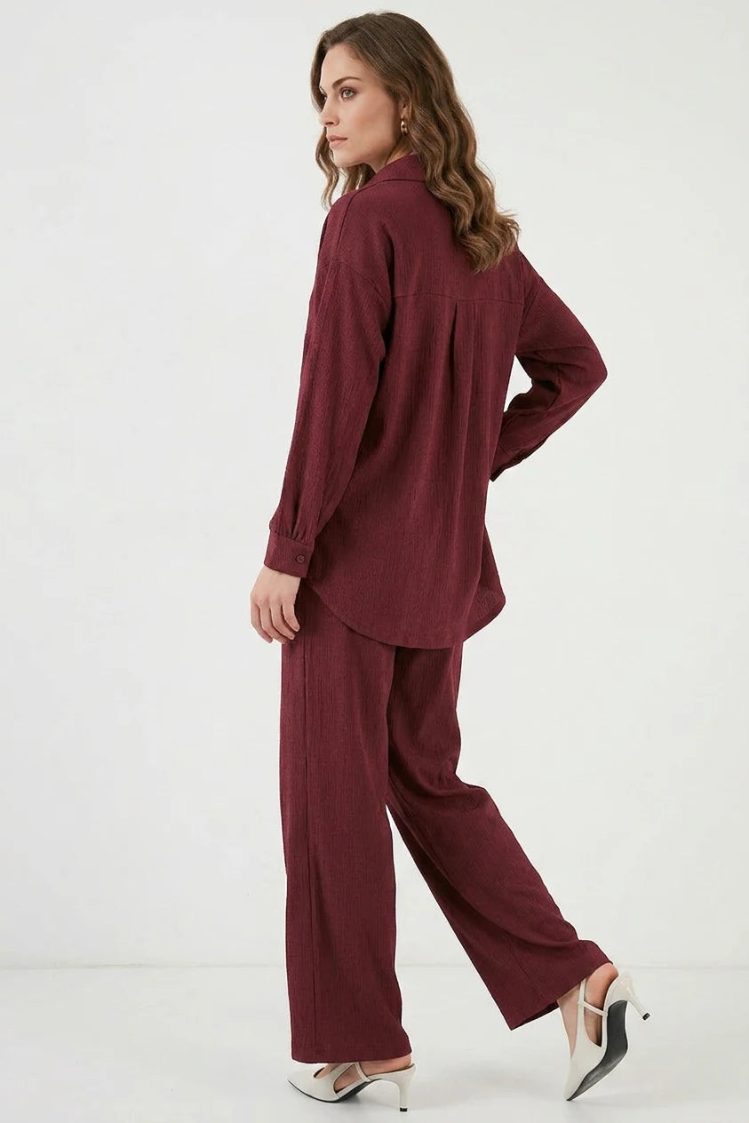 Kadın Gömlek Yaka Düğmeli Oversize Bordo İkili Takım