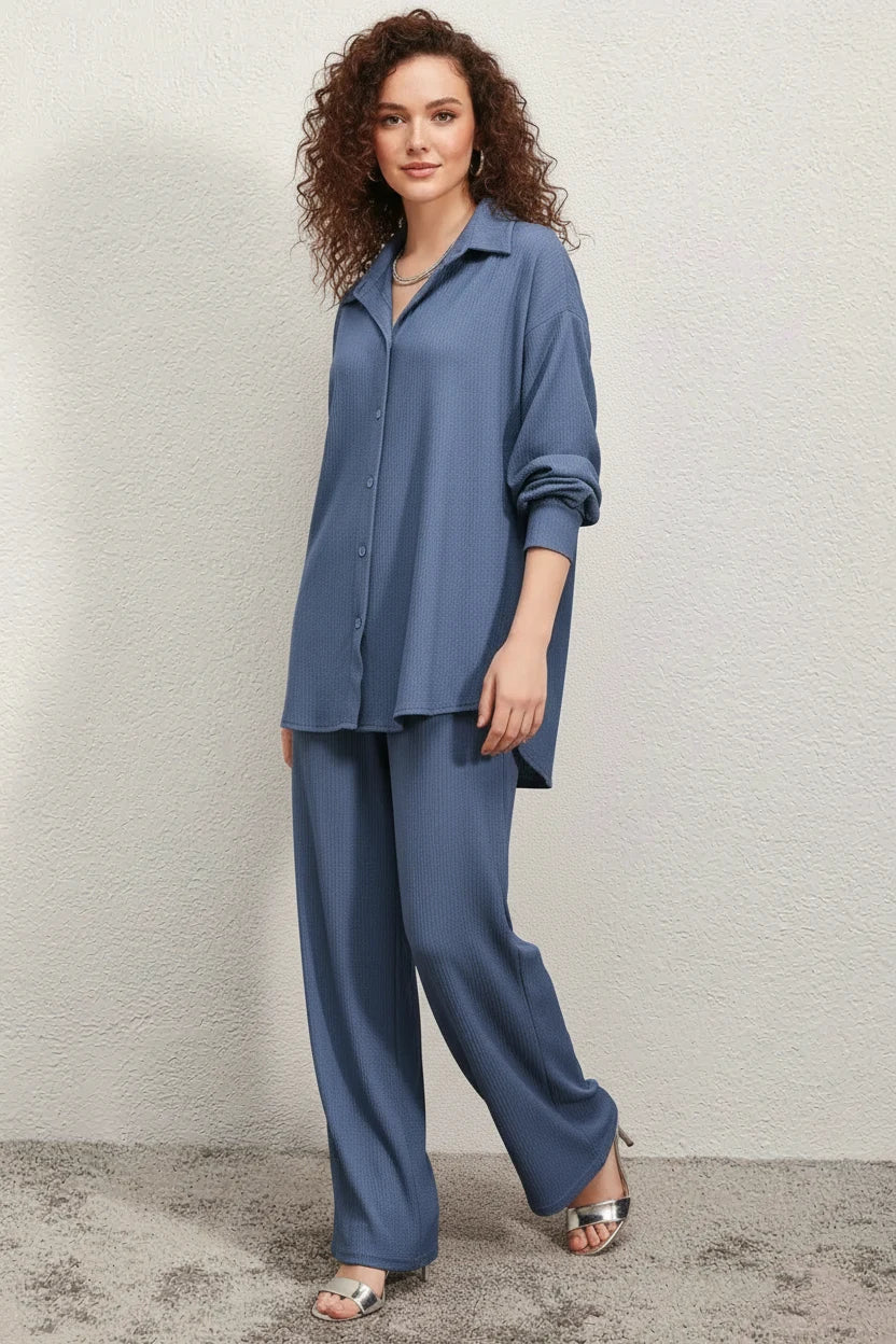Kadın Gömlek Yaka Oversize İndigo İkili Takım