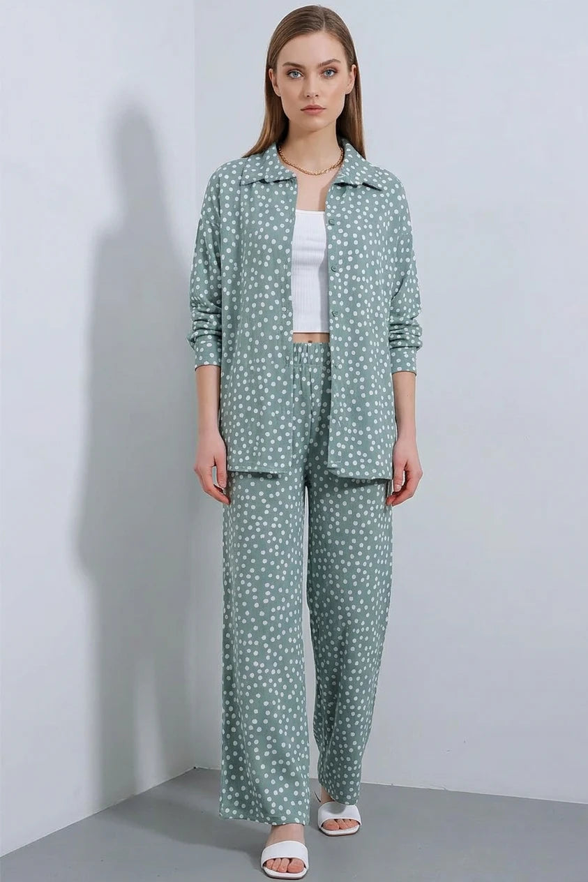 Kadın Gömlek Yaka Oversize Puantiyeli Mint İkili Takım