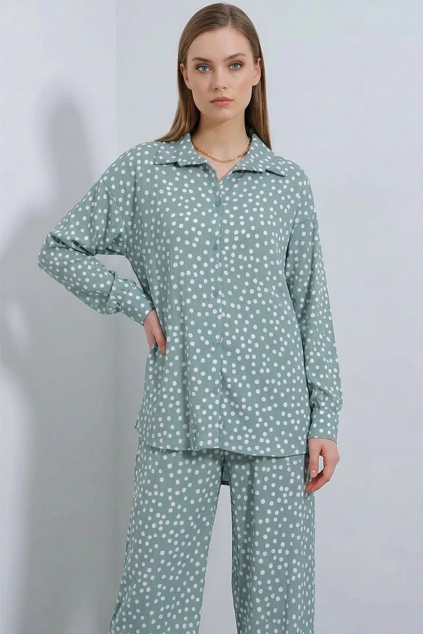Kadın Gömlek Yaka Oversize Puantiyeli Mint İkili Takım