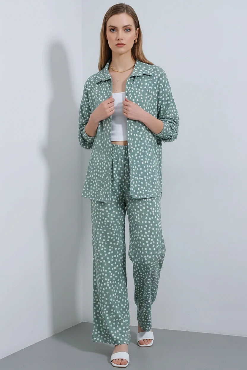 Kadın Gömlek Yaka Oversize Puantiyeli Mint İkili Takım