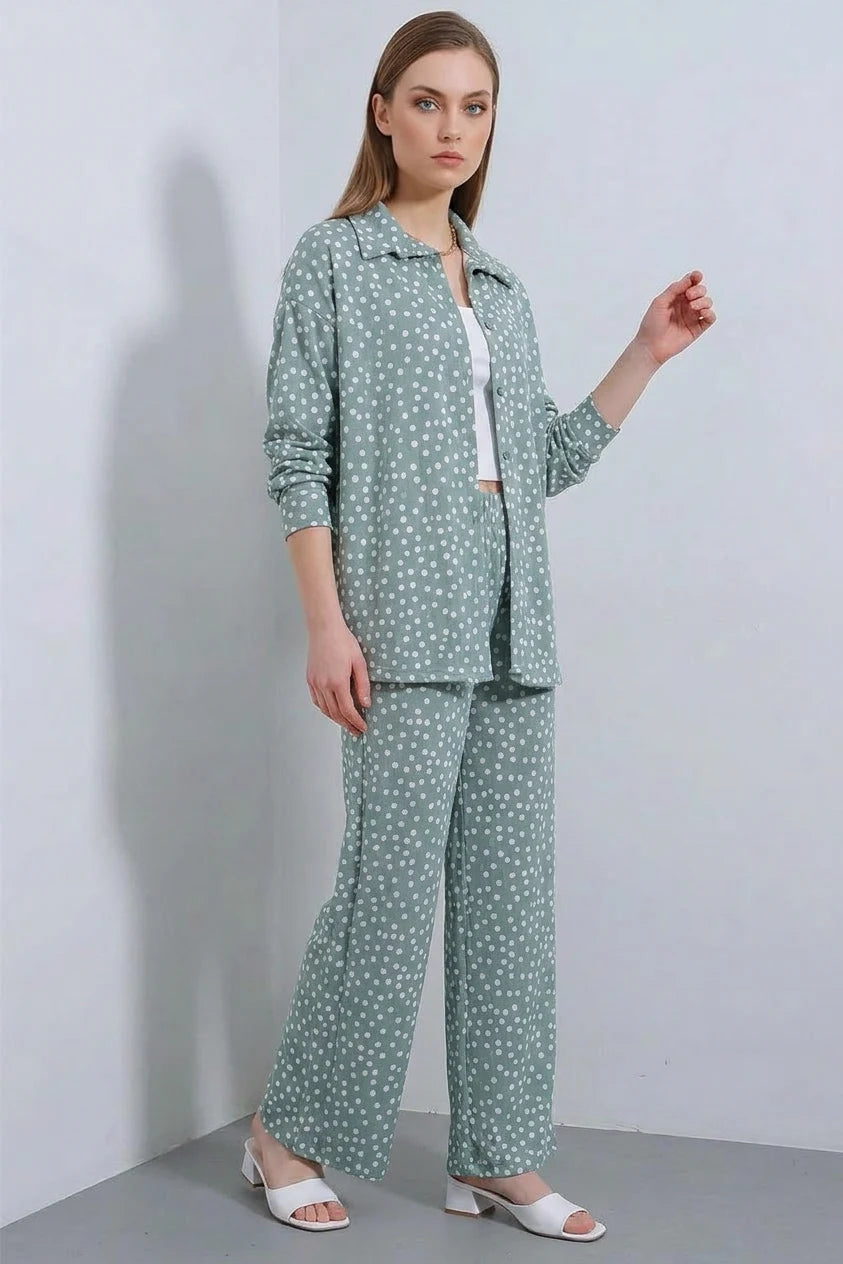 Kadın Gömlek Yaka Oversize Puantiyeli Mint İkili Takım