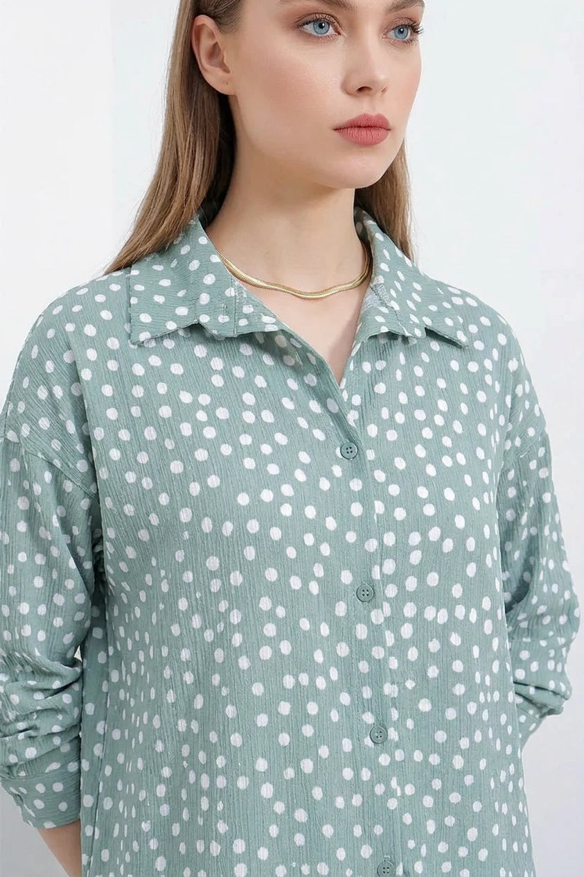Kadın Gömlek Yaka Oversize Puantiyeli Mint İkili Takım