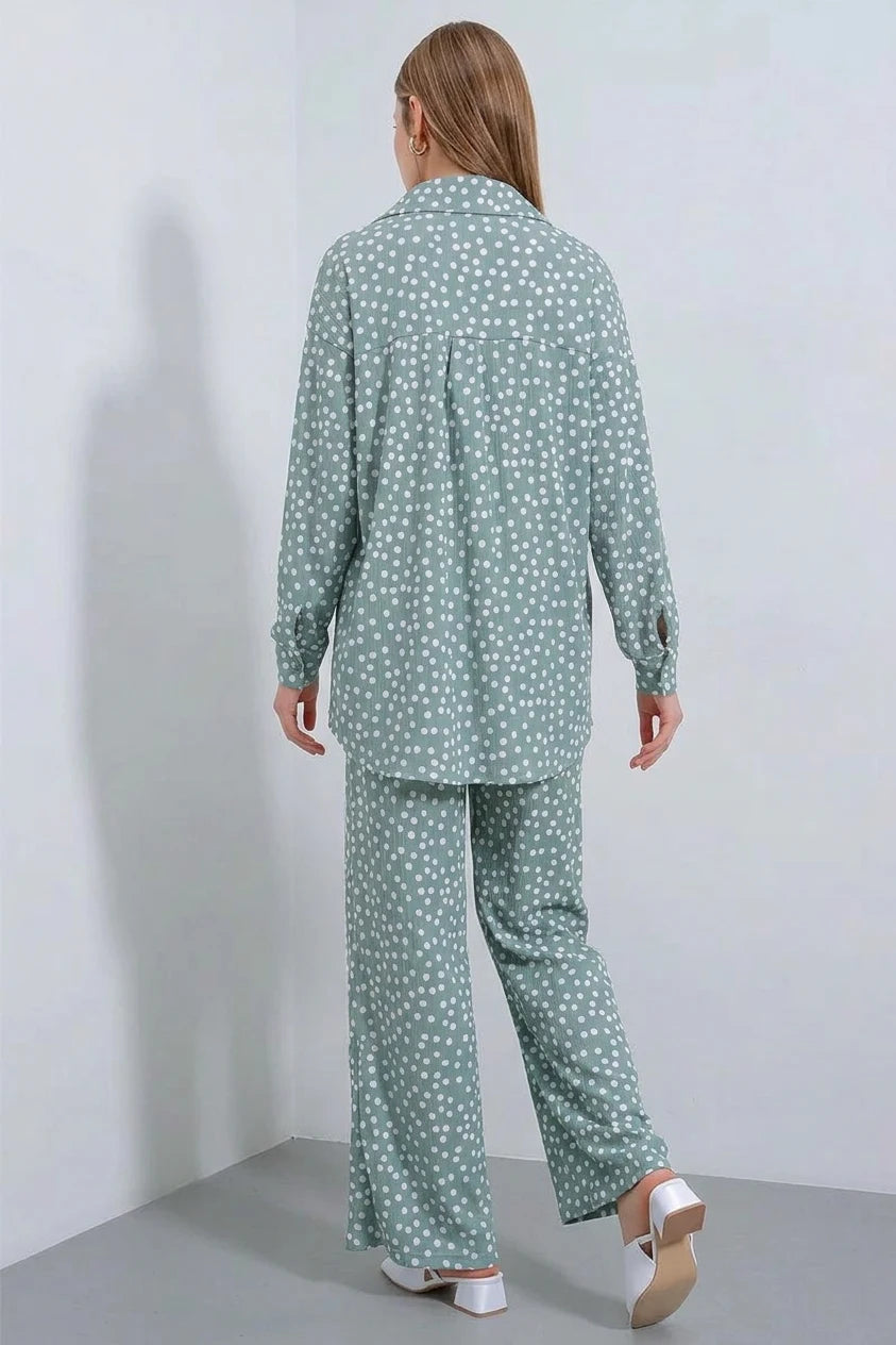 Kadın Gömlek Yaka Oversize Puantiyeli Mint İkili Takım