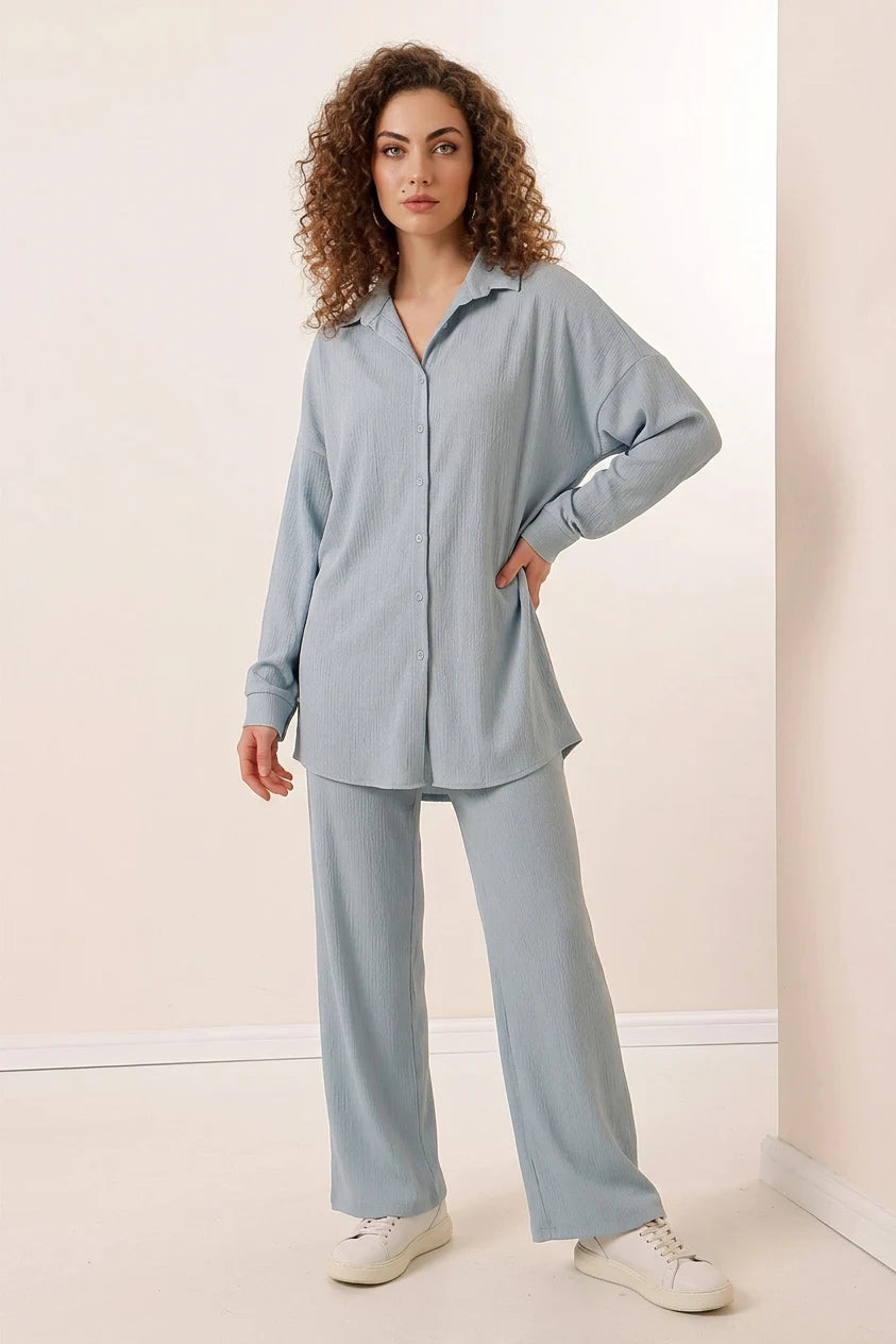 Kadın Gömlek Yaka Oversize Açık Mavi İkili Takım