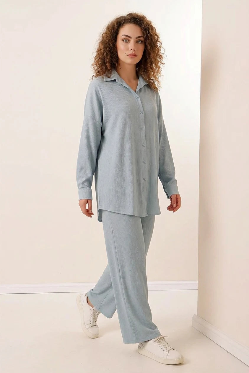 Kadın Gömlek Yaka Oversize Açık Mavi İkili Takım