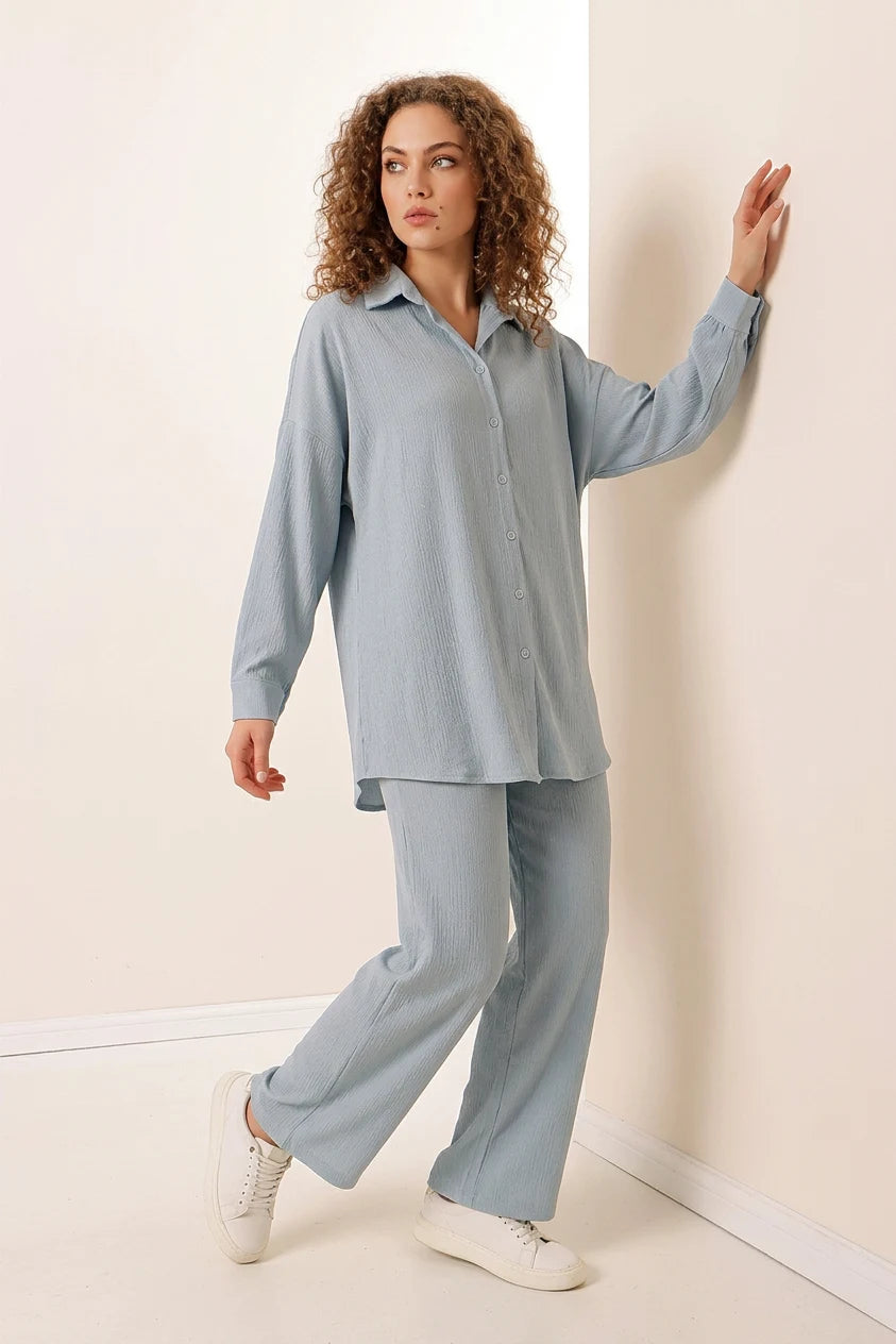 Kadın Gömlek Yaka Oversize Açık Mavi İkili Takım