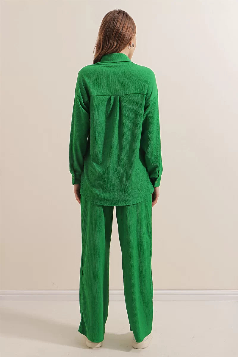 Kadın Gömlek Yaka Oversize Yeşil İkili Takım