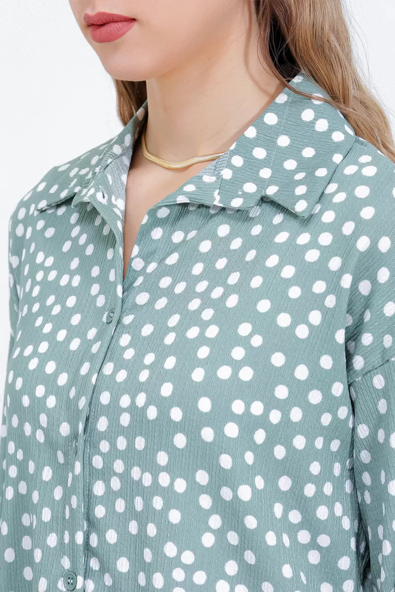 Kadın Gömlek Yaka Oversize Puantiyeli Mint İkili Takım