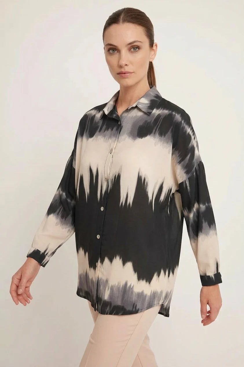 Kadın Oversize Desenli Turuncu Siyah Gömlek