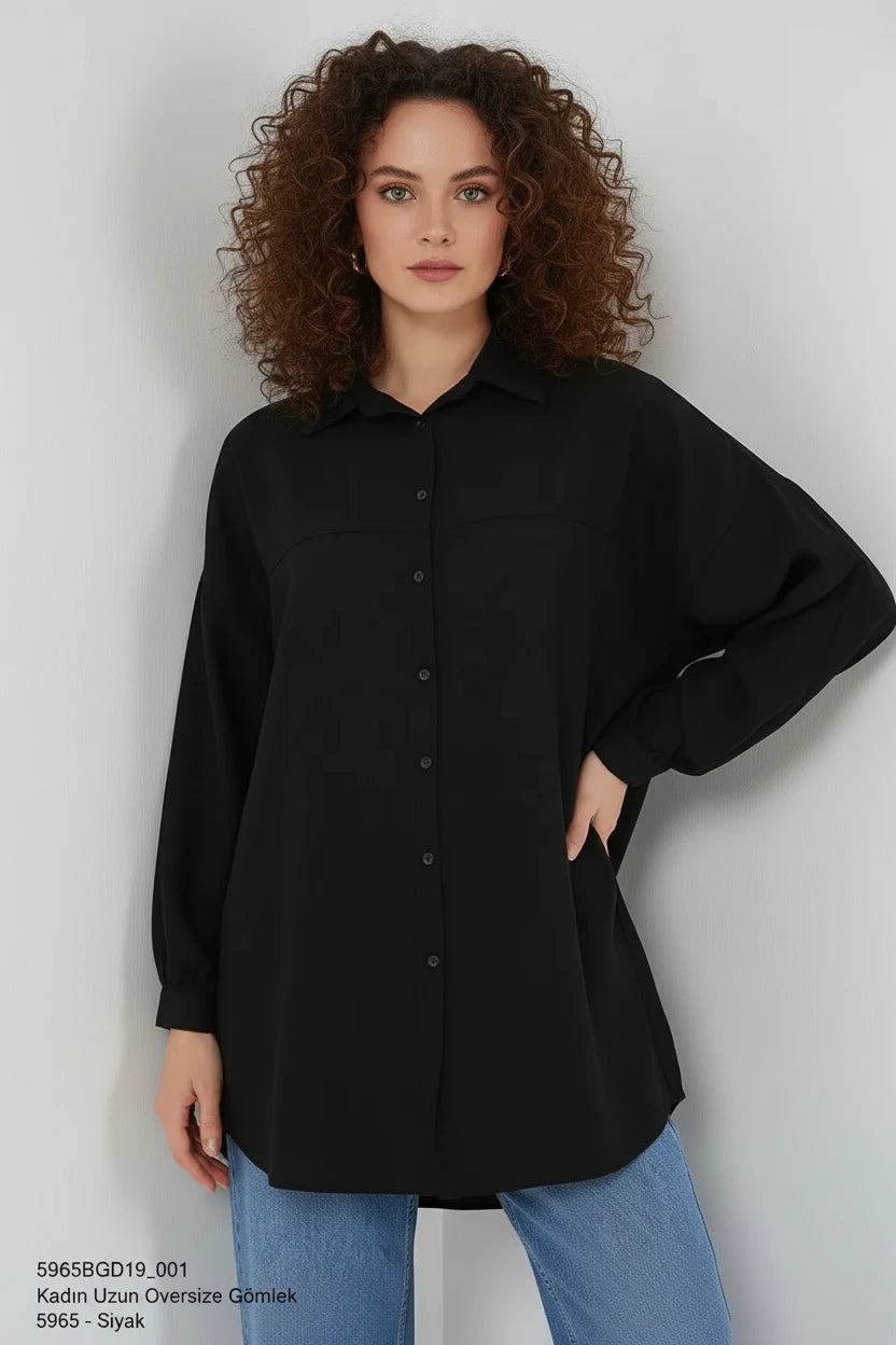 Kadın Oversize Kesim Viskon Siyah Gömlek