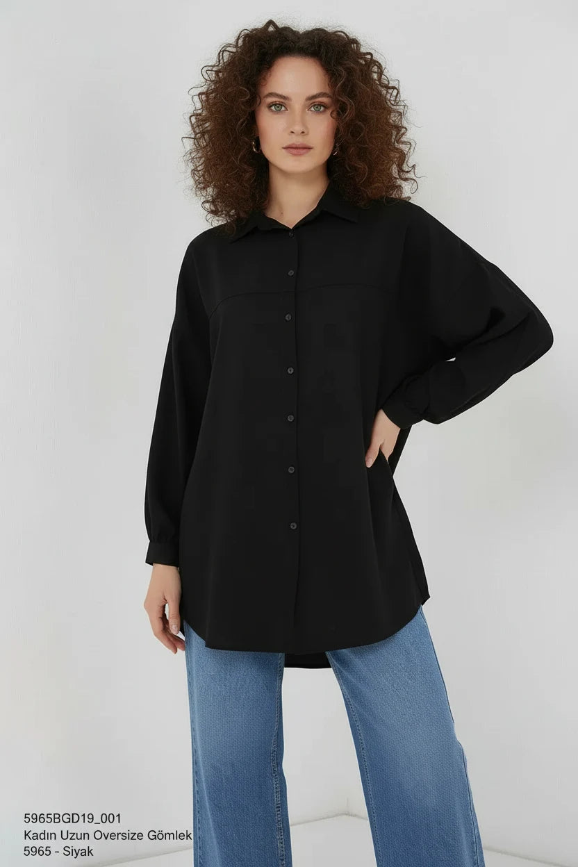 Kadın Oversize Kesim Viskon Siyah Gömlek