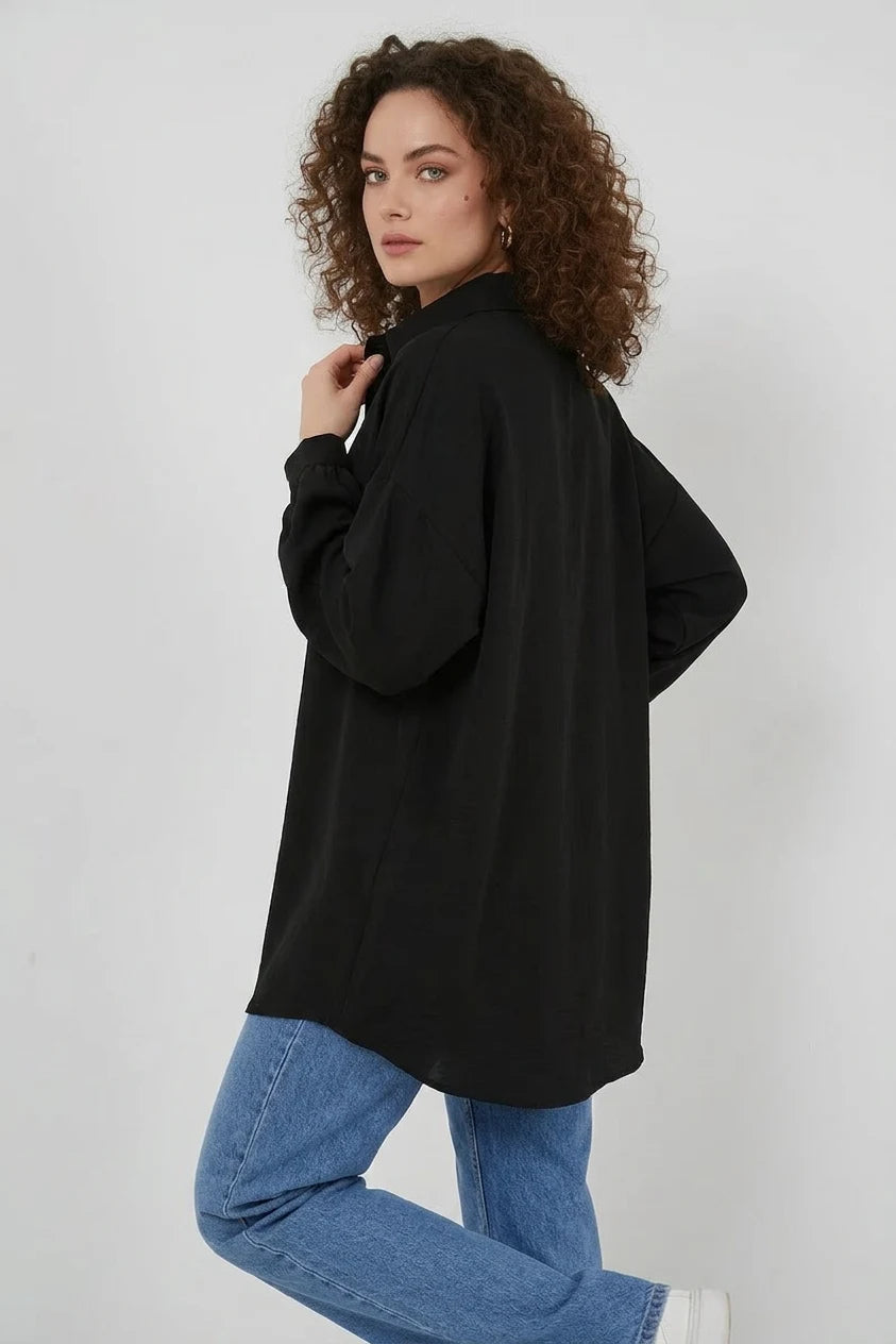 Kadın Oversize Kesim Viskon Siyah Gömlek