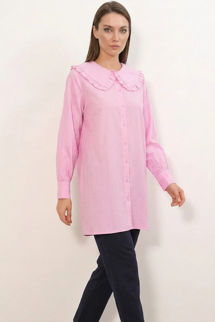 Kadın Geniş Yaka Fırfır Detaylı Çizgili Pembe Tunik Gömlek