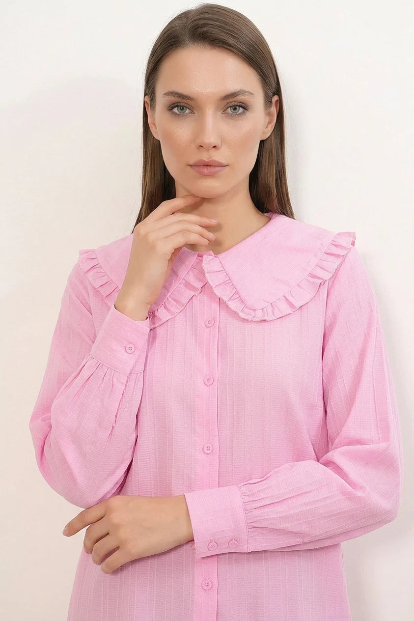Kadın Geniş Yaka Fırfır Detaylı Çizgili Pembe Tunik Gömlek