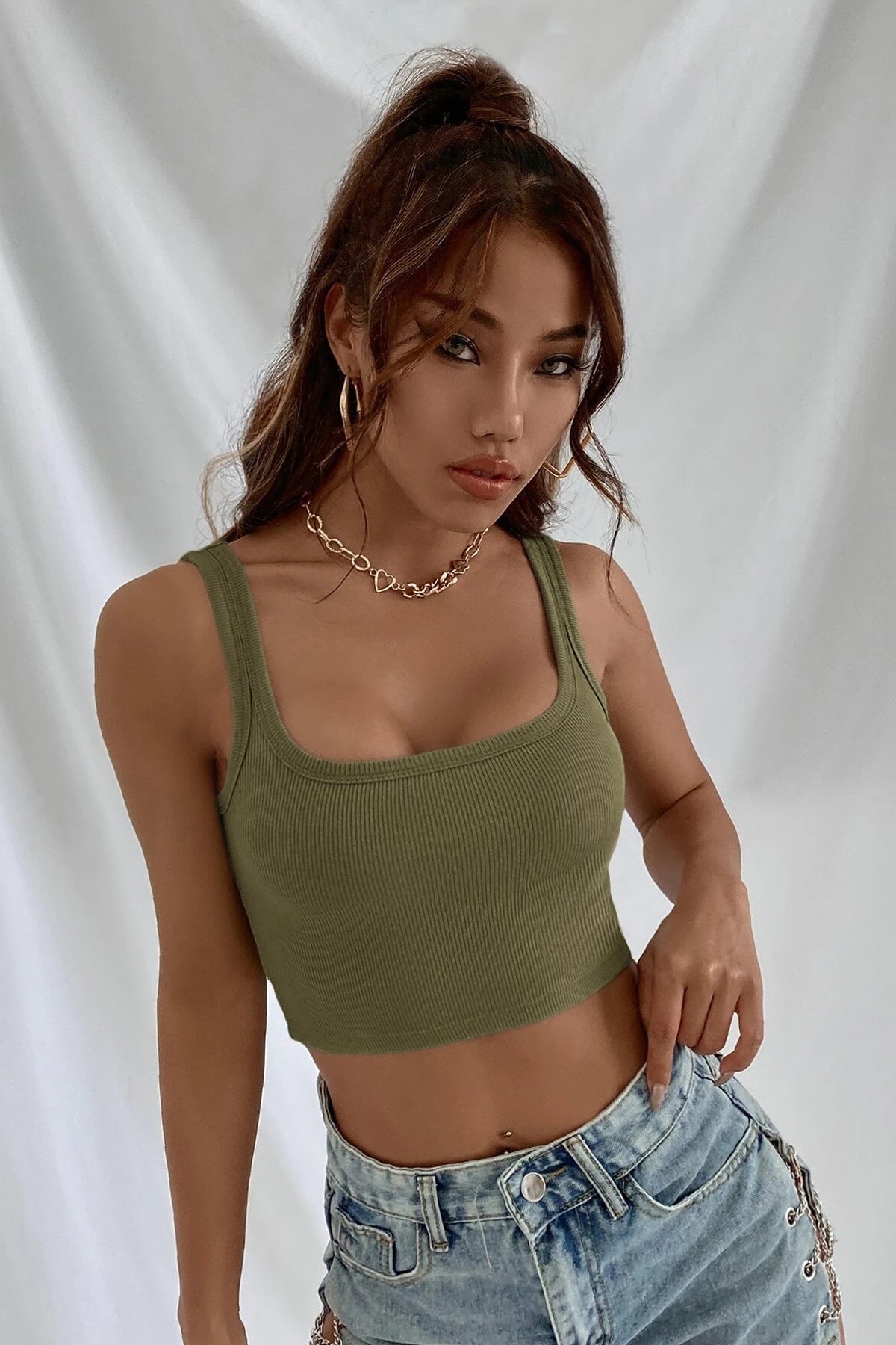 Kadın Haki Yeşili Kalın Askılı Crop Top Büstiyer