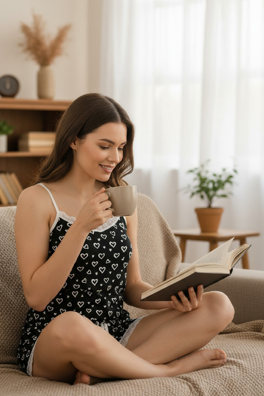 Kadın Siyah Kalp Desenli Askılı Şortlu Dantelli Pijama Takımı