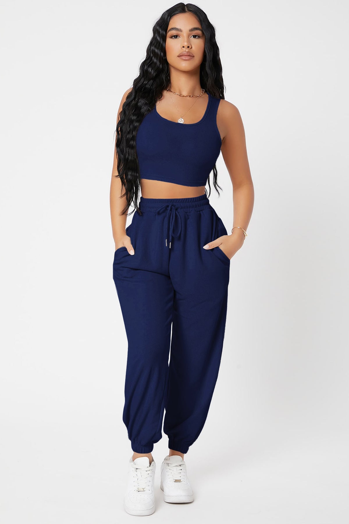 Kadın Lacivert Kaşkorse Cepli Jogger Eşofman Altı ve Crop Top Bluz