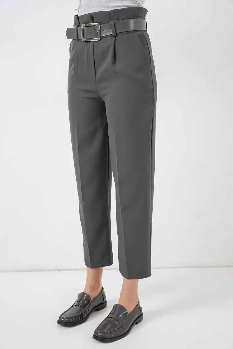 Kadın Yüksek Bel Kemerli Antrasit Pantolon