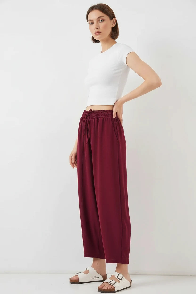 Kadın Yüksek Bel Keten Bordo Pantolon