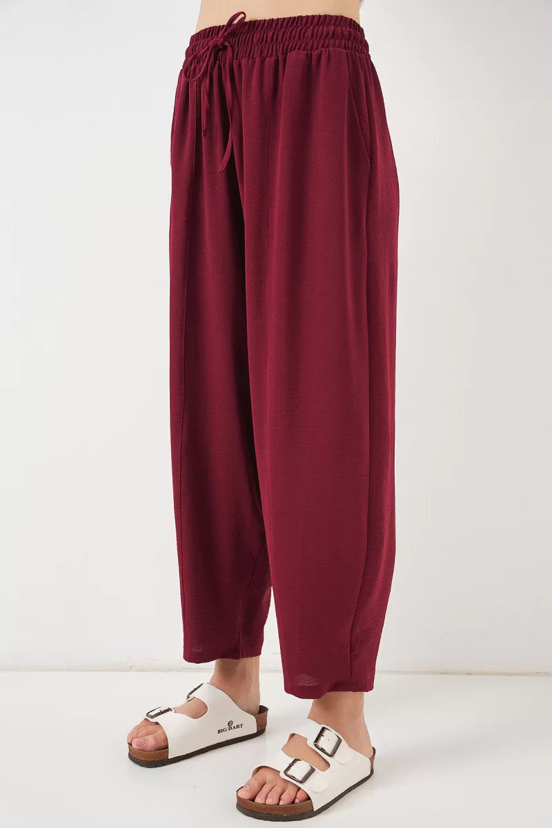 Kadın Yüksek Bel Keten Bordo Pantolon