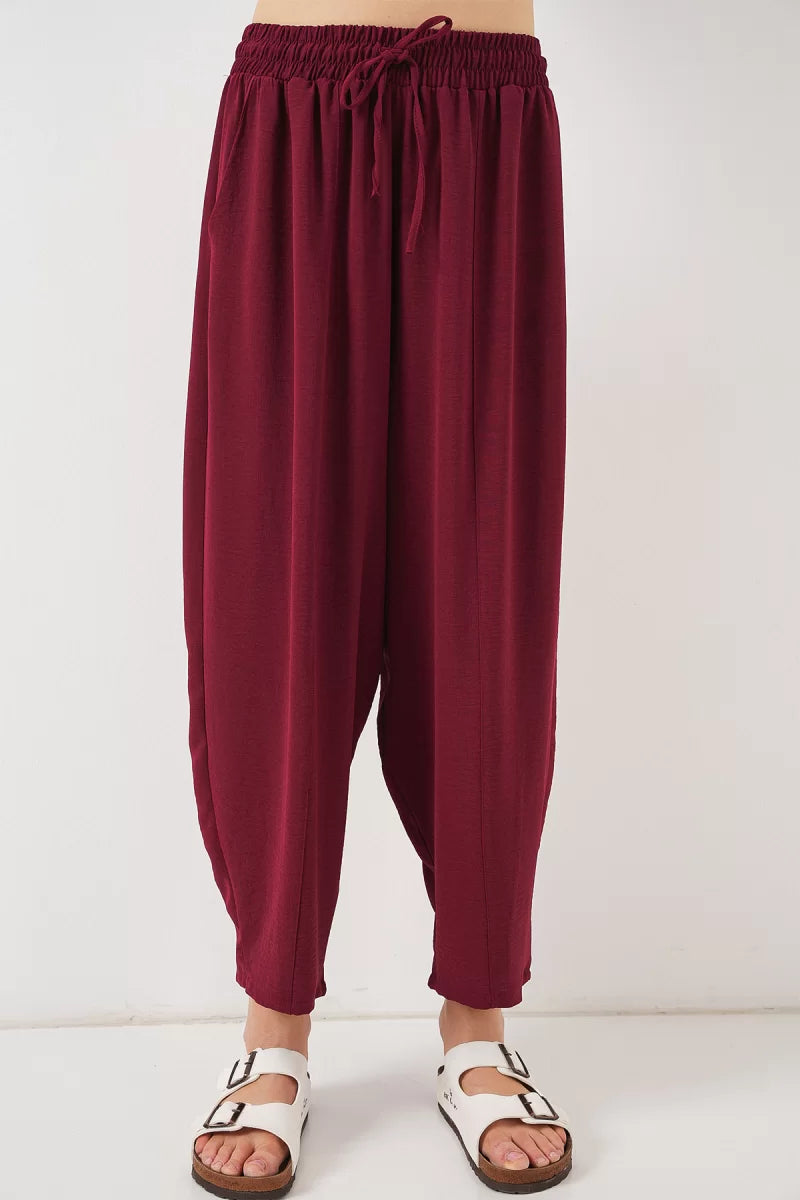 Kadın Yüksek Bel Keten Bordo Pantolon