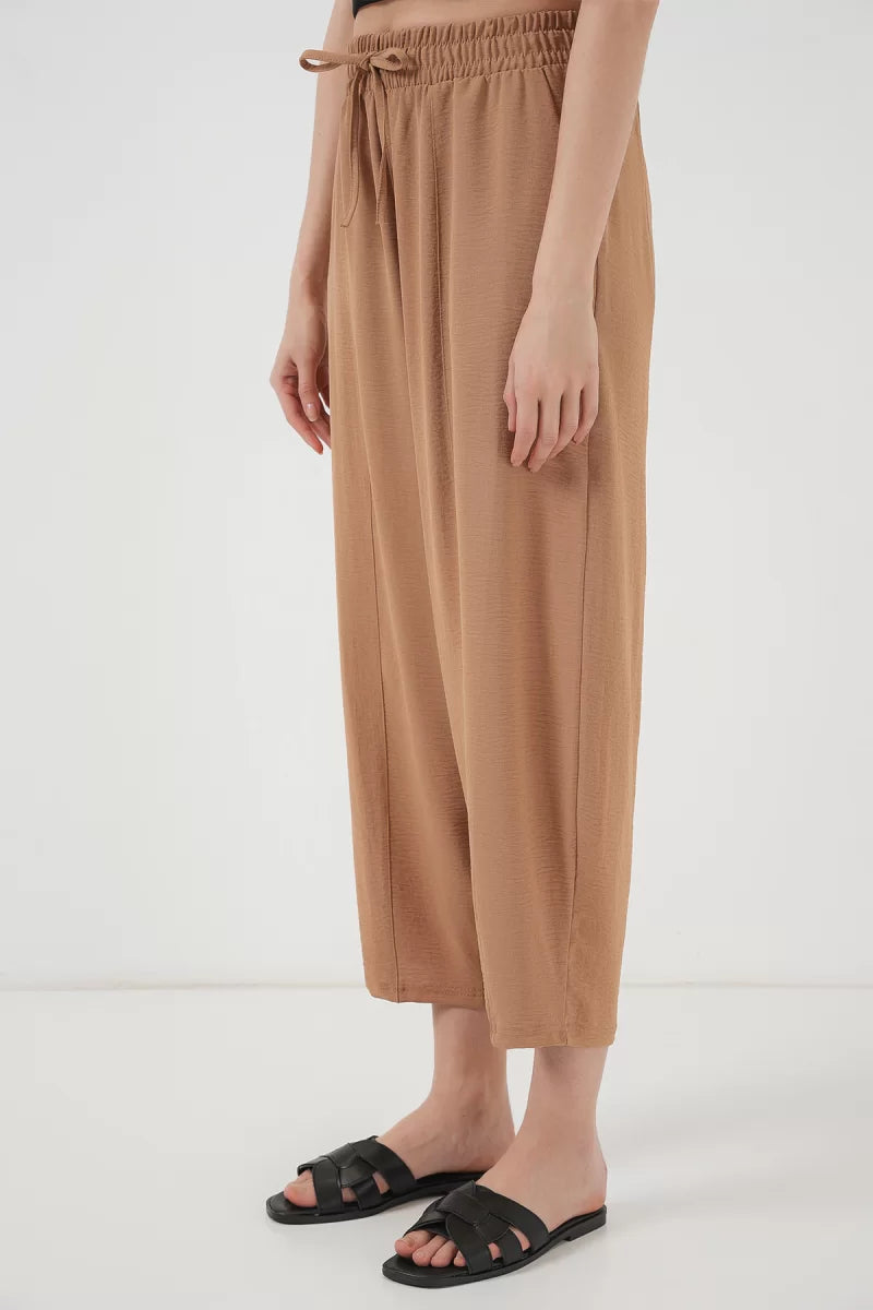 Kadın Yüksek Bel Keten Camel Pantolon