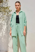 Kadın Gömlek Yaka Beli Büzgülü Oversize Mint İkili Takım