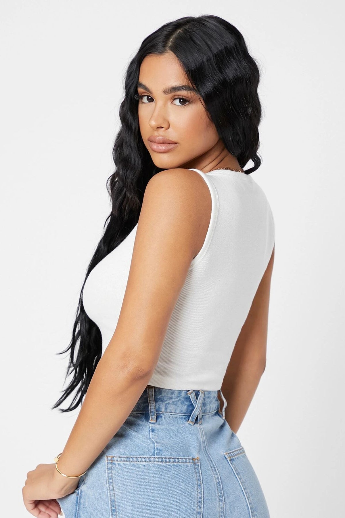 Kadın Beyaz Kare Yaka Crop Top Bluz