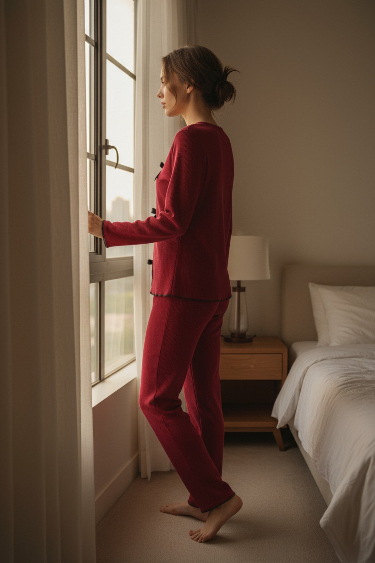 Kadın Bordo Fiyonklu İç Çamaşırı ve Uzun Kollu V Yaka Pijama Takımı 4'lü Set