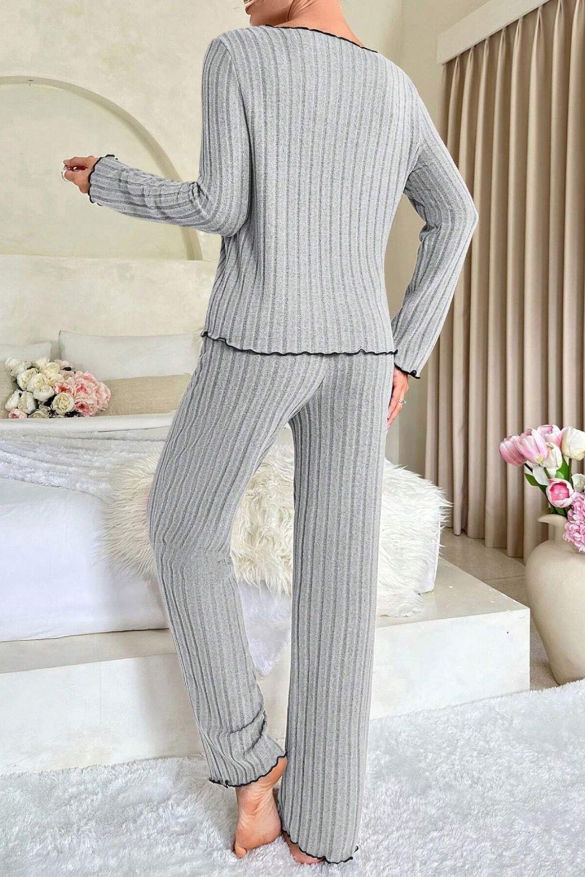 Kadın Gri Çizgili Uzun Kollu Fiyonk Detaylı Pijama Takımı Rahat Mevsimlik